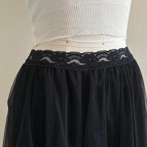 handmade black nylon sheer mesh mini skirt with lace detailing - Picture 3 of 10